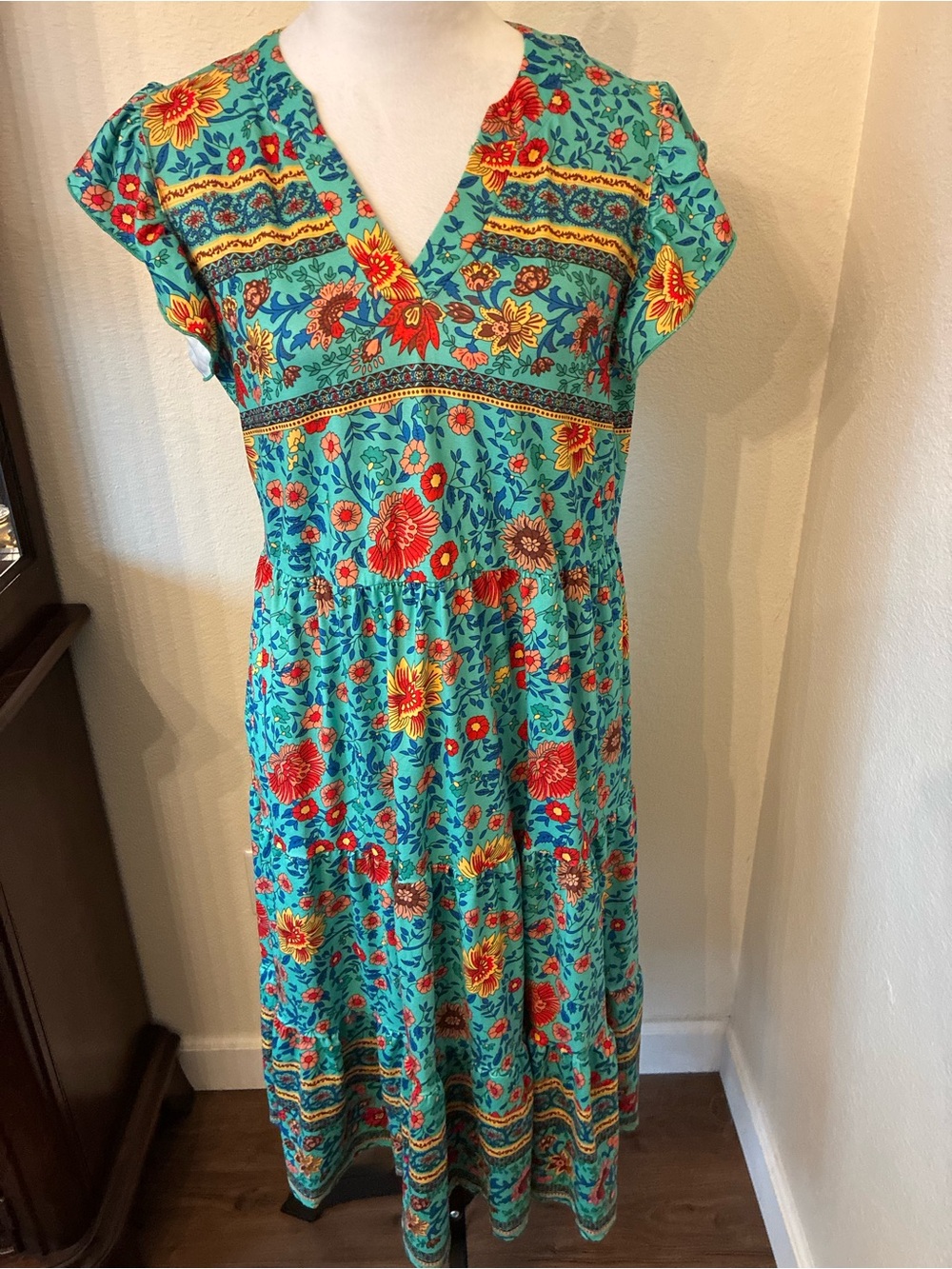 Floral V-Neck Maxi Dress in Teal with Red & Yellow Flowers